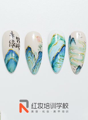 海口美甲行业发展前景好吗？手绘青绿美甲作品