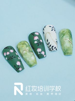 海口哪里学美甲_学美甲难不难_红妆春日绿染美甲作品