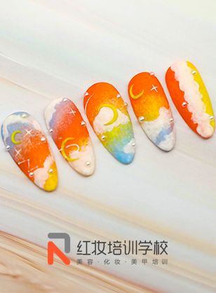 海口红妆美甲学校时尚手作主题美甲作品·七彩祥云美甲