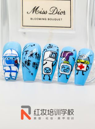 海口学美甲多少钱_红妆学校防疫主题手绘美甲作品致敬逆行者！