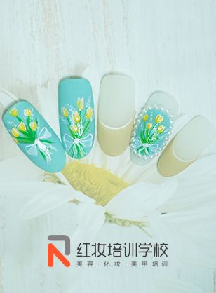 海口零基础去哪里学美甲_红妆学校小清新手绘郁金香美甲作品