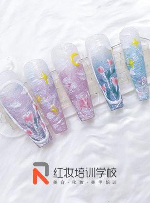 海口红妆美甲培训学校学员考核作品·油画风郁金香美甲